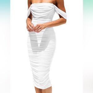 PRETTYGARDEN Off The Shoulder Ruched Bodycon Fitted Party Club Midi Dress